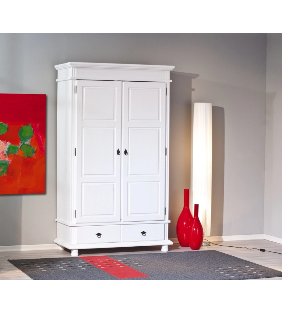 ARMADIO 2 ANTE E 2 CASSETTI, IN PINO MASSELLO BIANCO, 116X57X199 CM